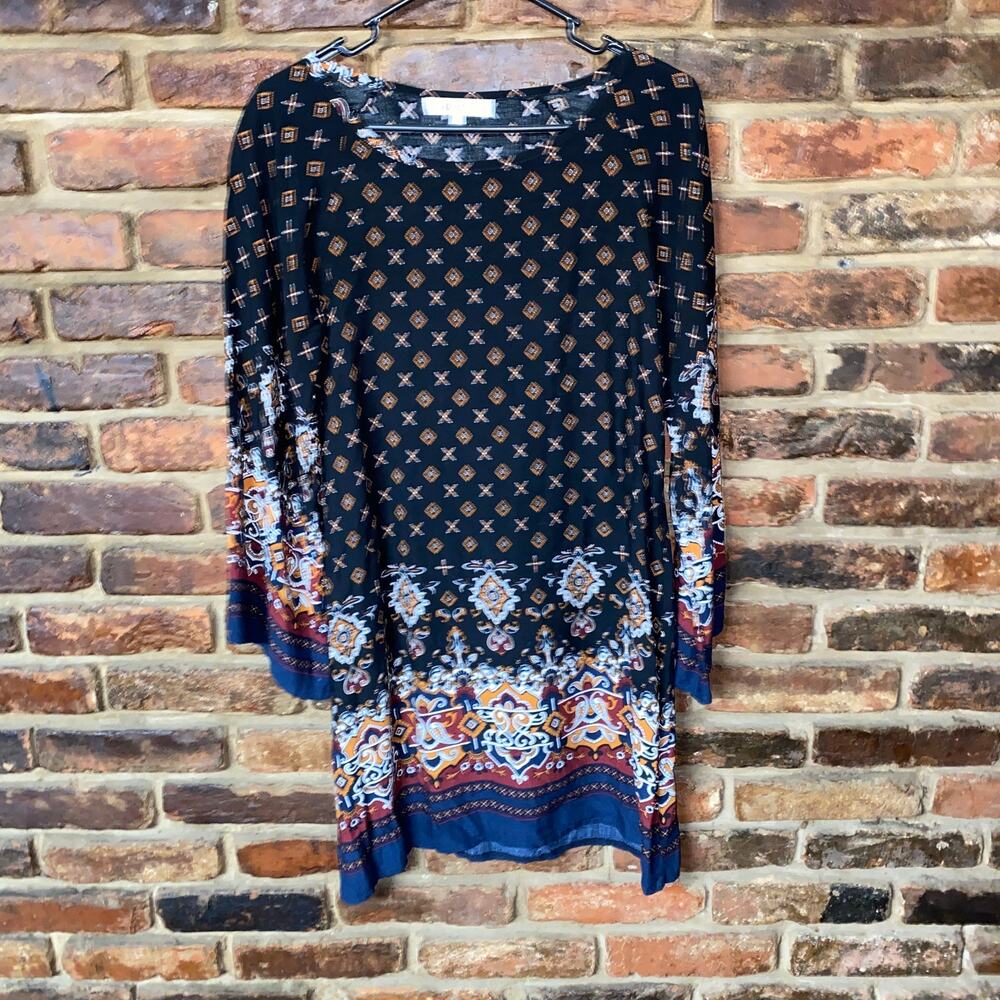 Risesun Black Printed Multicolored Long Sleeve Mini Shift Dress Women's Small